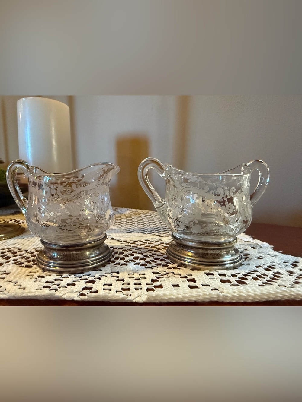 Cambridge Etched Glass Creamer &  Sugar Set with  Sterling Silver Bases Antique